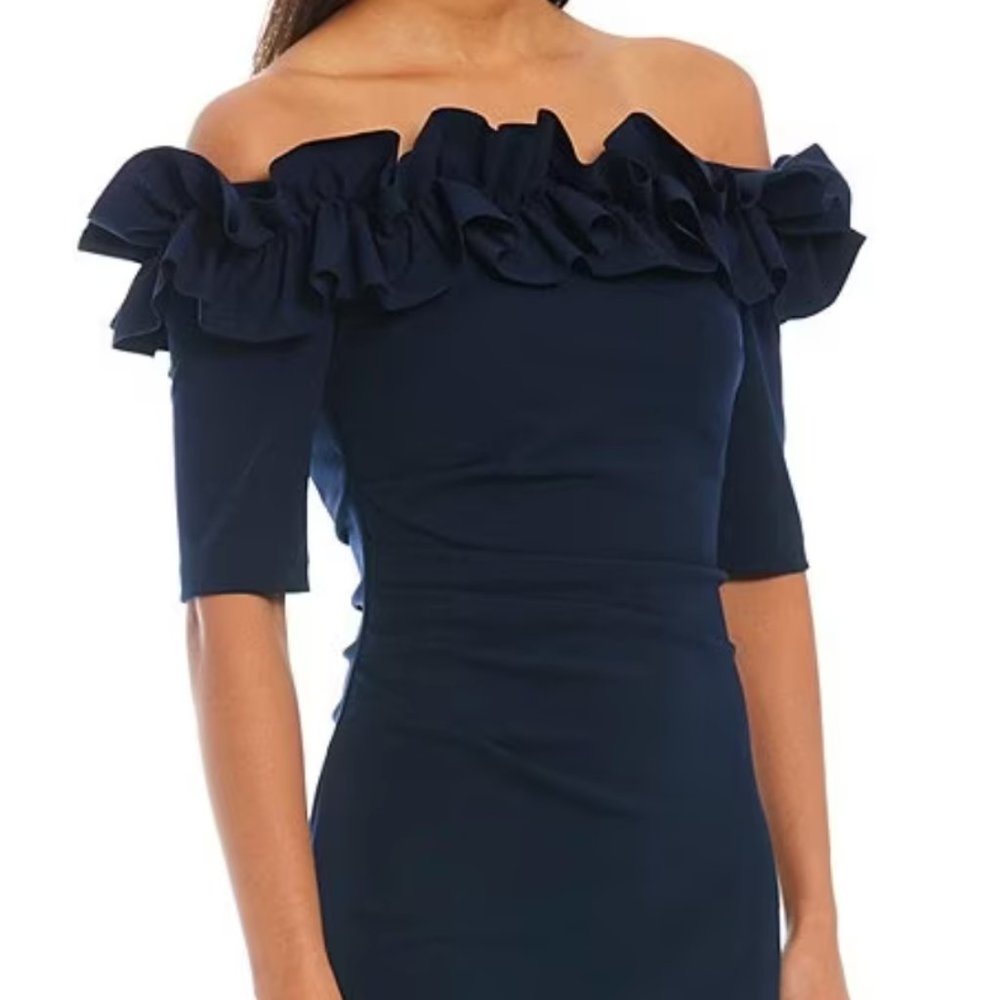 XScape Navy Blue, Ruffled, Off-the-shoulder Crepe Sheath Gown size 22